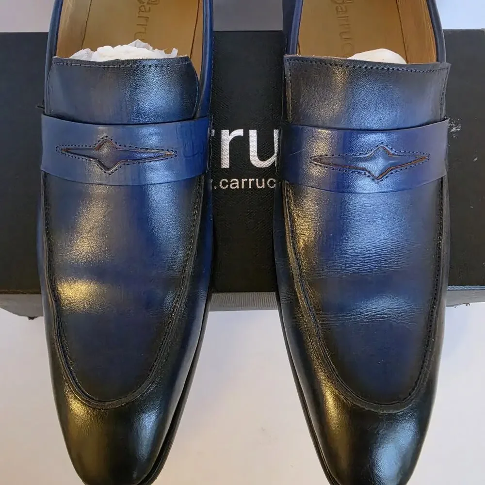 Carrucci Men's Calfskin Leather Blue Loafer Dress Shoe SZ 10.5, Made In Italy